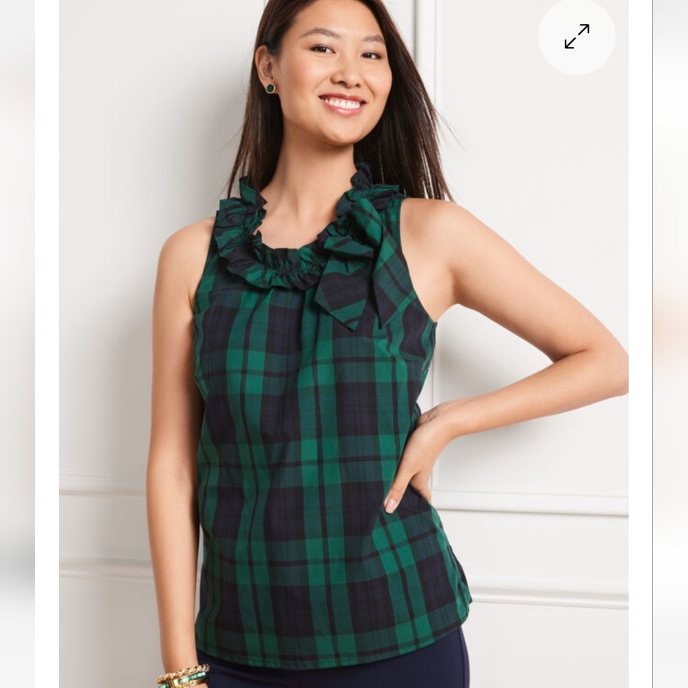 Talbots Black Watch Plaid Slightly Shimmery  Ruffle-Neck Tank with Bow ■ Size MP